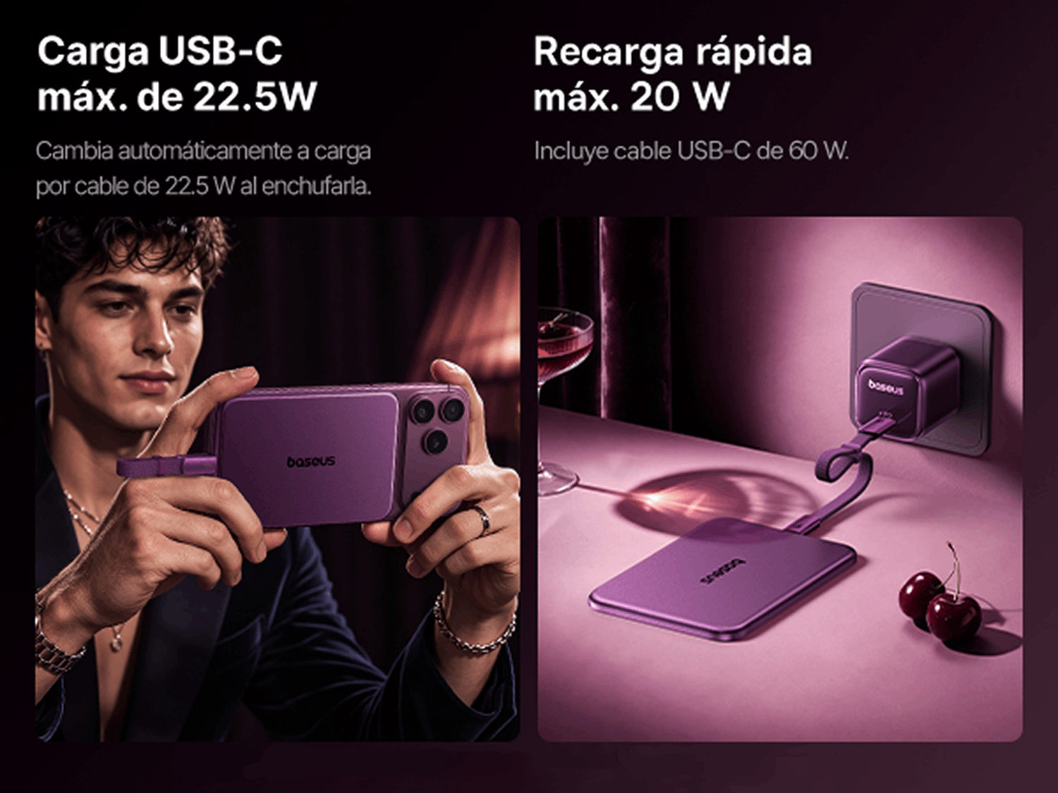Powerbank - Baseus Picogo Air AM71, 5000 mAh, 22,5W, Carga inalámbrica 15W, USB-C, Ultrafina, Certificado CCC, Dark Cherry