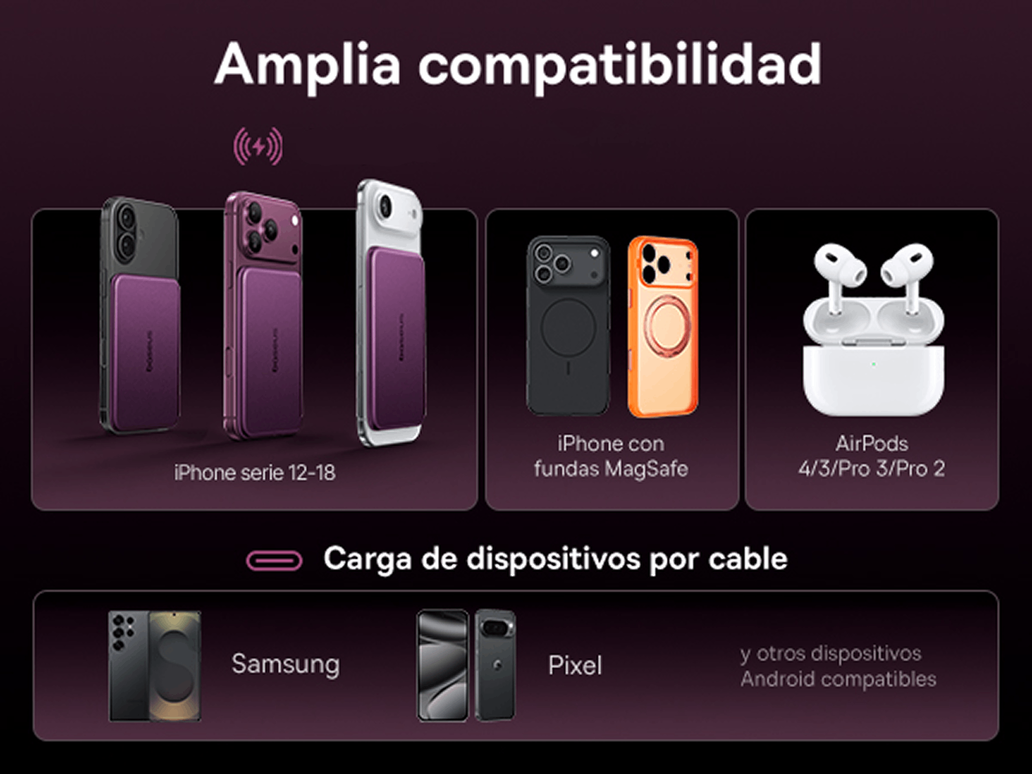 Powerbank - Baseus Picogo Air AM71, 5000 mAh, 22,5W, Carga inalámbrica 15W, USB-C, Ultrafina, Certificado CCC, Dark Cherry