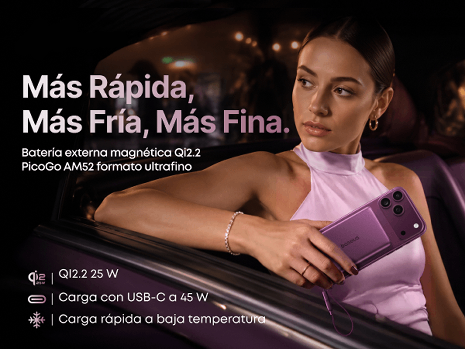 Powerbank - Baseus PicoGo AM52, 10000 mAh, 45 W, Qi2.2 de 25W, USB-C, Carga inalámbrica, Carga rápida, Multidispositivo, Certificado CCC, Dark Cherry