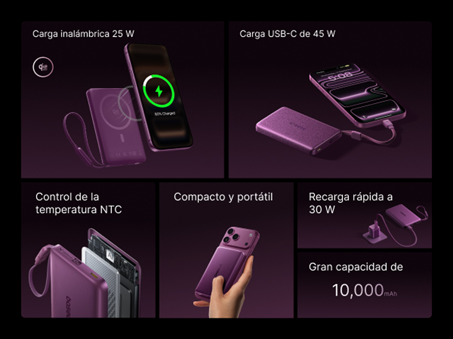 Powerbank - Baseus PicoGo AM52, 10000 mAh, 45 W, Qi2.2 de 25W, USB-C, Carga inalámbrica, Carga rápida, Multidispositivo, Certificado CCC, Dark Cherry