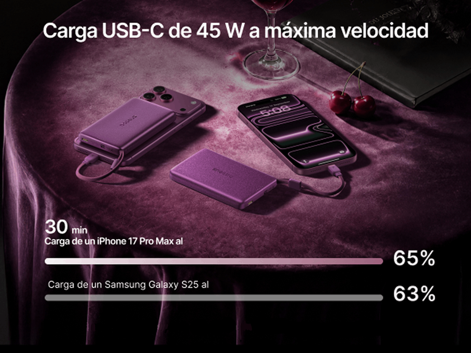 Powerbank - Baseus PicoGo AM52, 10000 mAh, 45 W, Qi2.2 de 25W, USB-C, Carga inalámbrica, Carga rápida, Multidispositivo, Certificado CCC, Dark Cherry