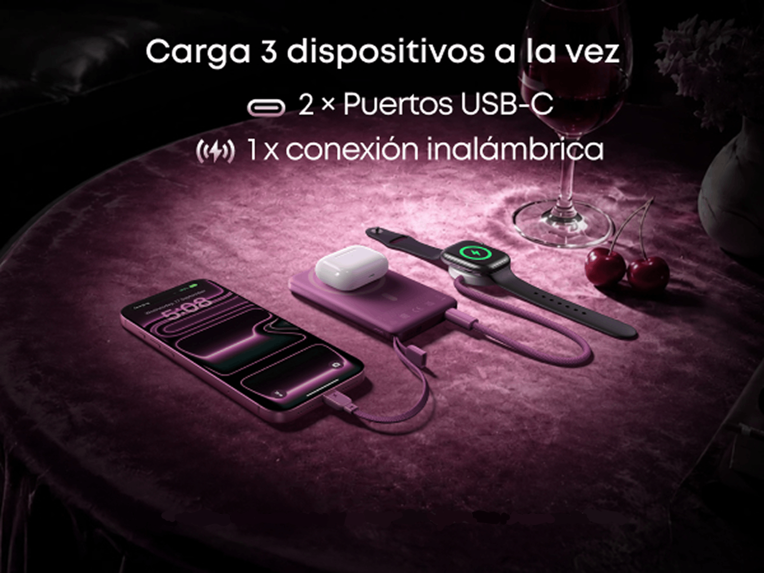Powerbank - Baseus PicoGo AM52, 10000 mAh, 45 W, Qi2.2 de 25W, USB-C, Carga inalámbrica, Carga rápida, Multidispositivo, Certificado CCC, Dark Cherry