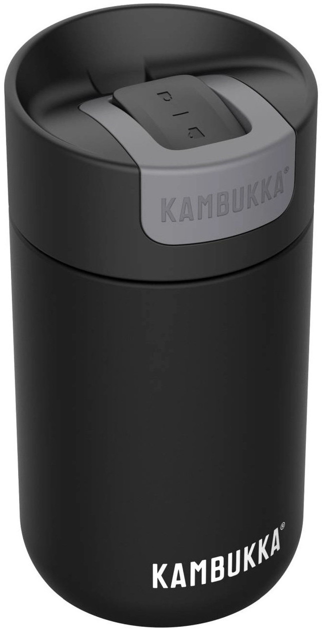 Czarny kubek termiczny Kambukka z szarą pokrywką i przyciskiem.