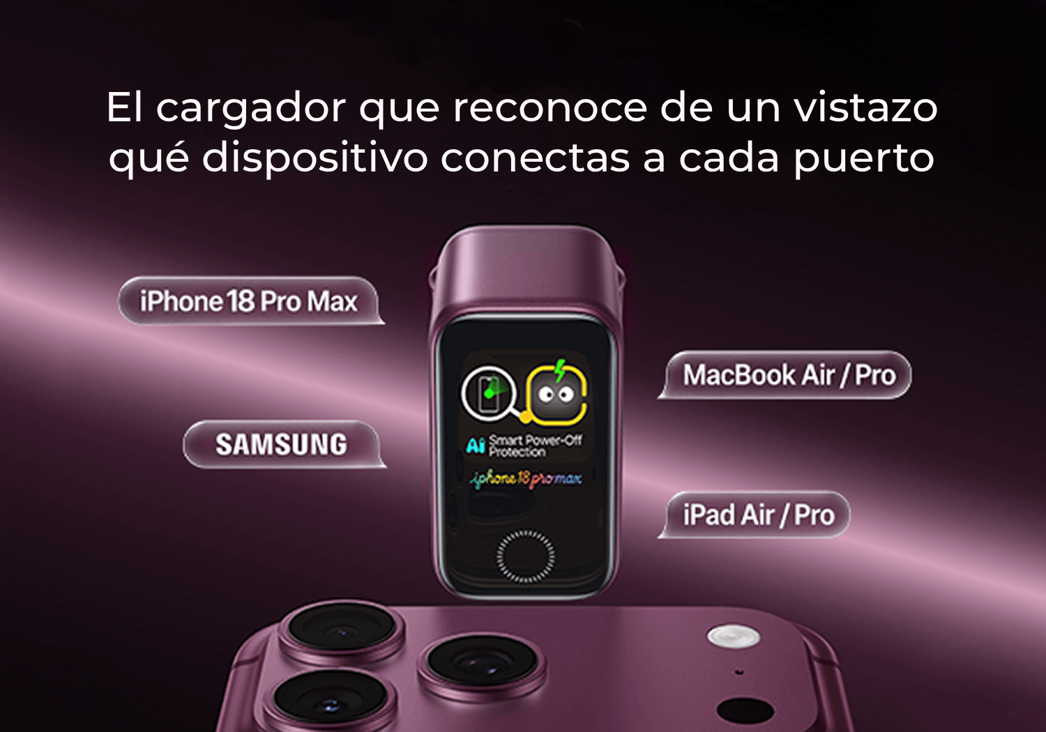 Cargador de pared - Baseus PicoGo AH22,  100W, USB-C, Carga ultrarrápida simultánea, Triple puerto, Pantalla inteligente, Con cable 1m, Dark Cherry