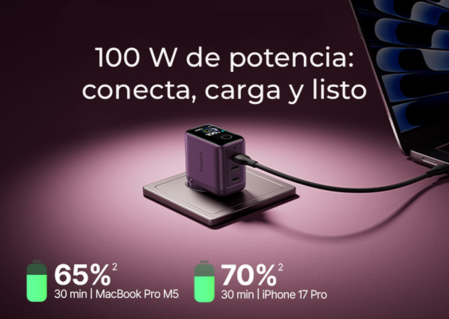 Cargador de pared - Baseus PicoGo AH22,  100W, USB-C, Carga ultrarrápida simultánea, Triple puerto, Pantalla inteligente, Con cable 1m, Dark Cherry