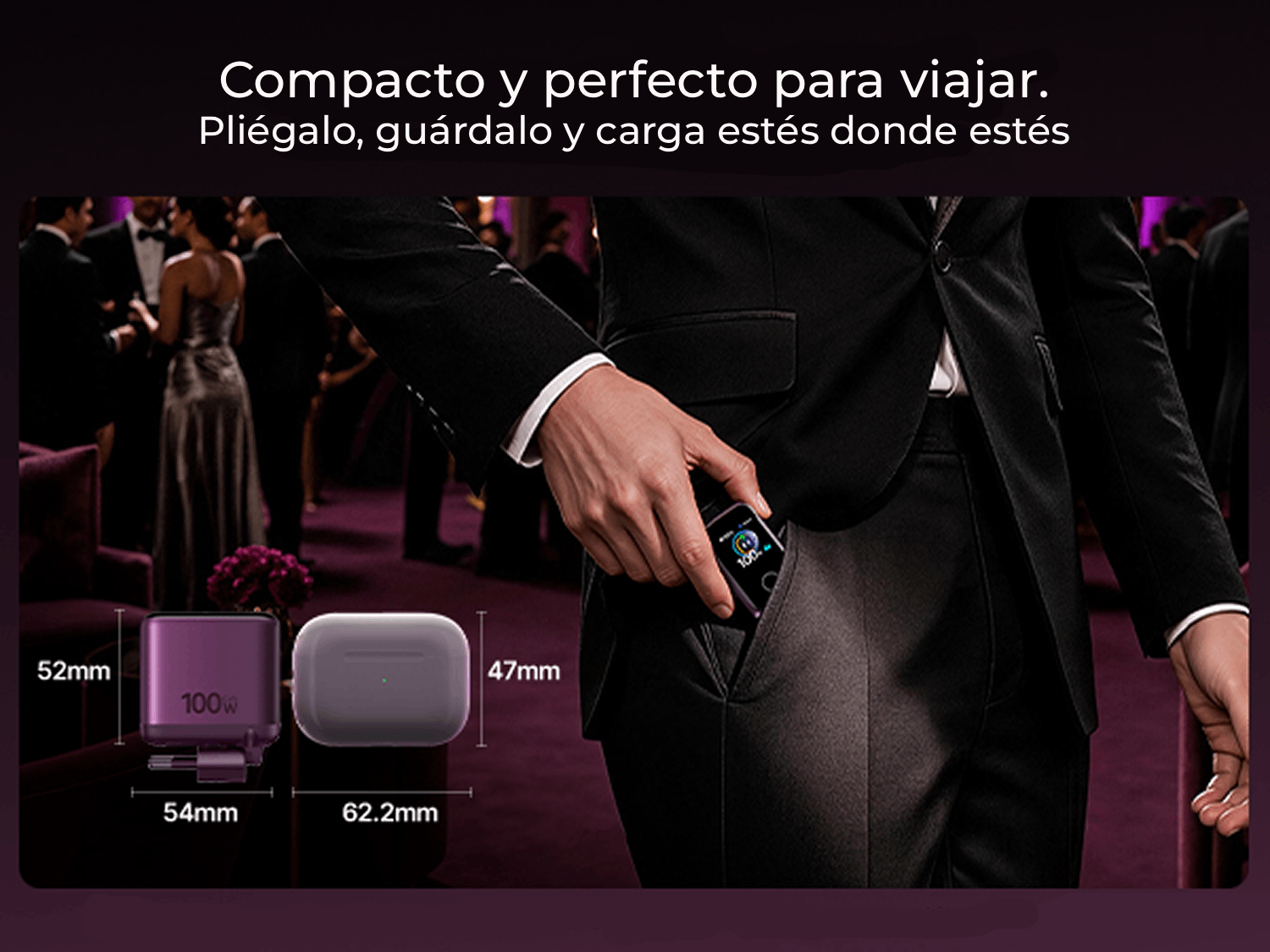 Cargador de pared - Baseus PicoGo AH22,  100W, USB-C, Carga ultrarrápida simultánea, Triple puerto, Pantalla inteligente, Con cable 1m, Dark Cherry