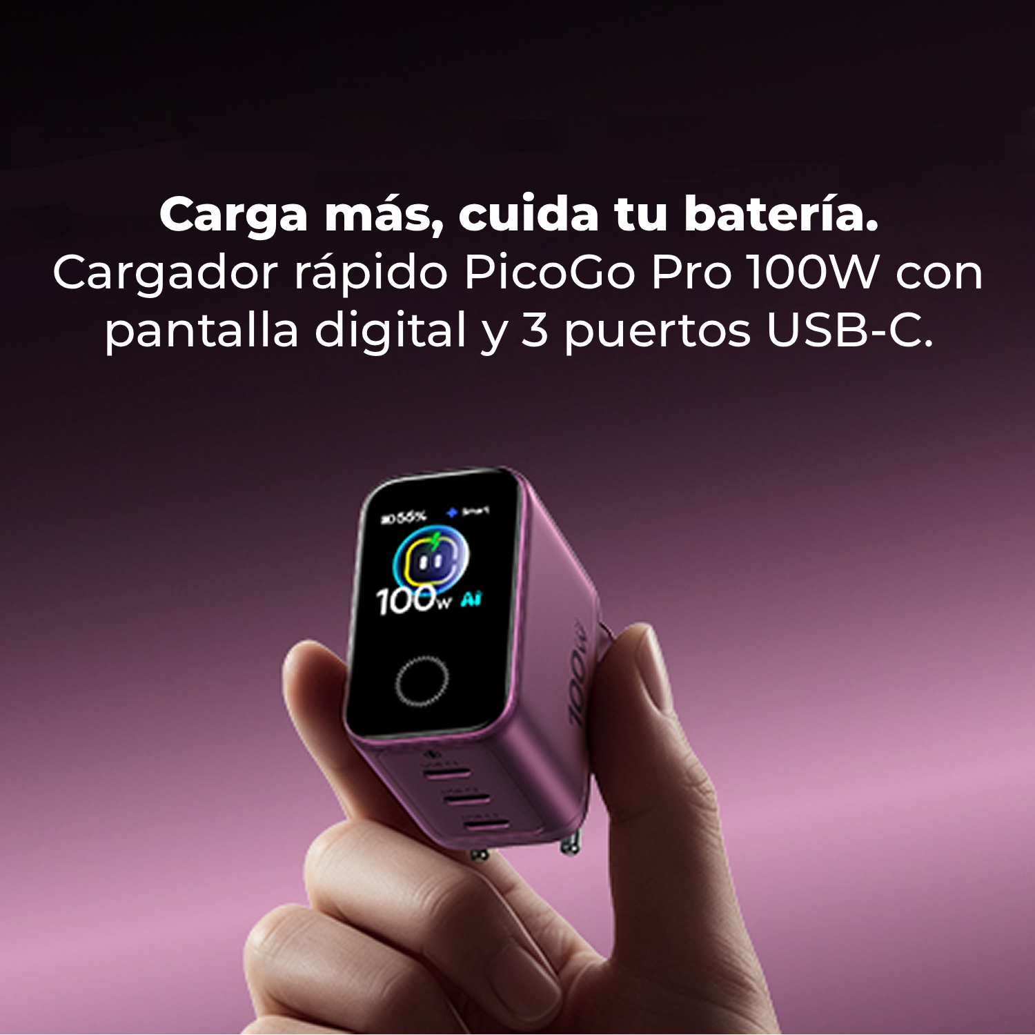 Cargador de pared - Baseus PicoGo AH22,  100W, USB-C, Carga ultrarrápida simultánea, Triple puerto, Pantalla inteligente, Con cable 1m, Dark Cherry