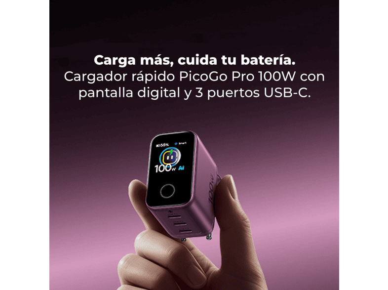 Cargador de pared - Baseus PicoGo AH22, 100W, USB-C, Carga ultrarrápida simultánea, Triple puerto, Pantalla inteligente, Con cable 1m, Dark Cherry – imagen 2