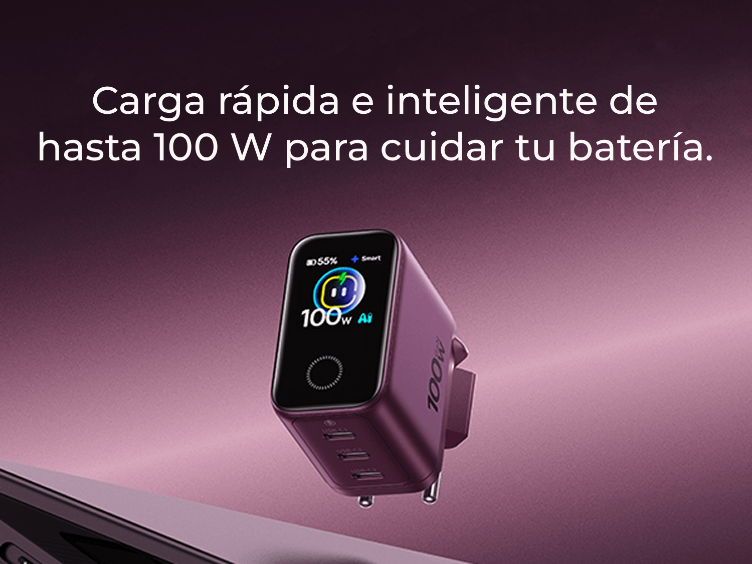 Cargador de pared - Baseus PicoGo AH22,  100W, USB-C, Carga ultrarrápida simultánea, Triple puerto, Pantalla inteligente, Con cable 1m, Dark Cherry