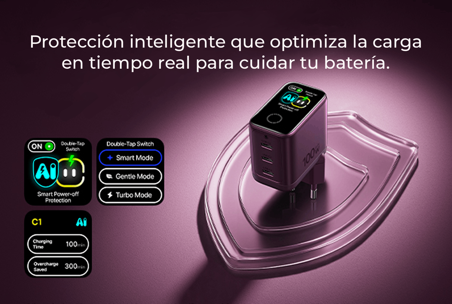 Cargador de pared - Baseus PicoGo AH22,  100W, USB-C, Carga ultrarrápida simultánea, Triple puerto, Pantalla inteligente, Con cable 1m, Dark Cherry