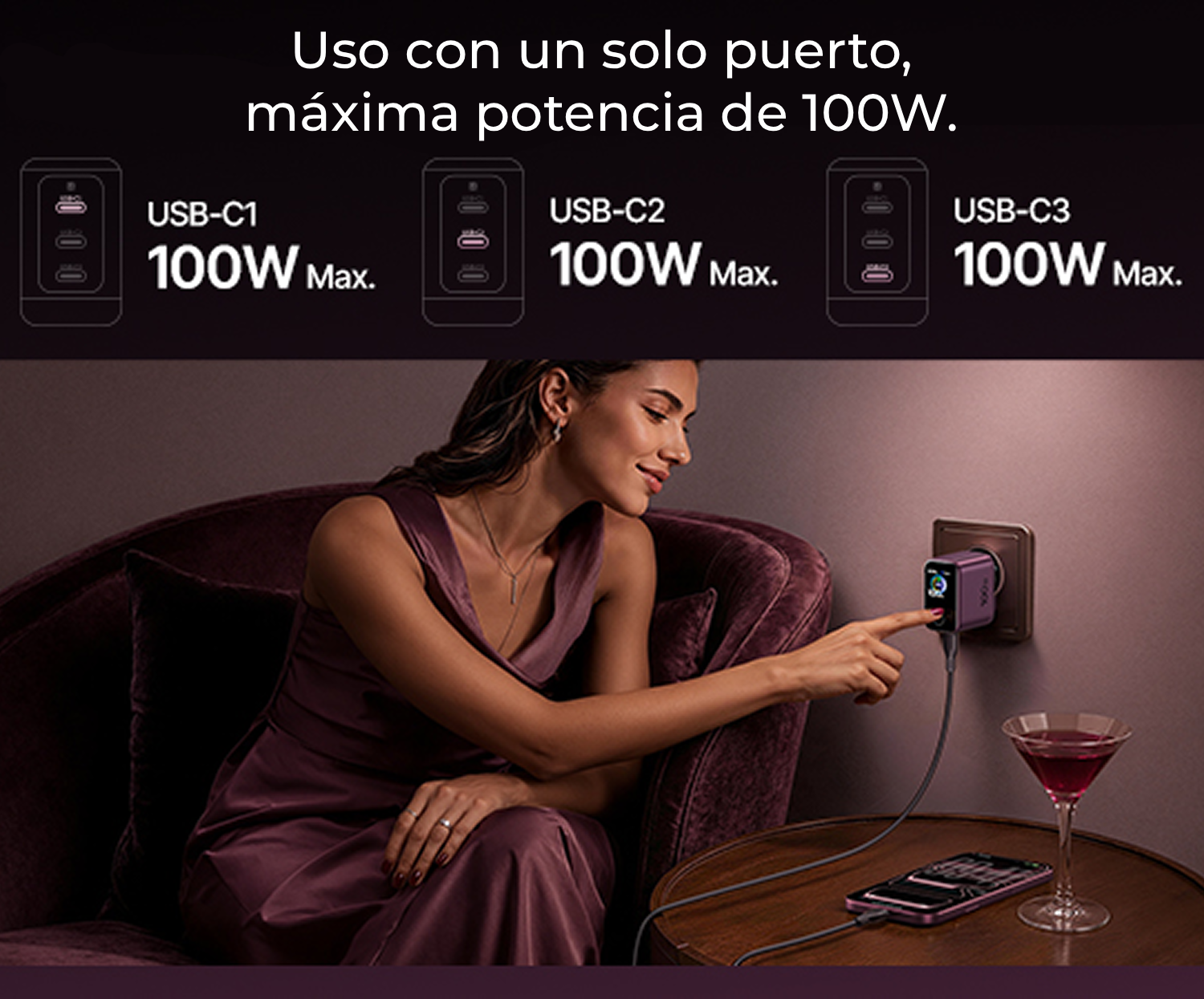 Cargador de pared - Baseus PicoGo AH22,  100W, USB-C, Carga ultrarrápida simultánea, Triple puerto, Pantalla inteligente, Con cable 1m, Dark Cherry