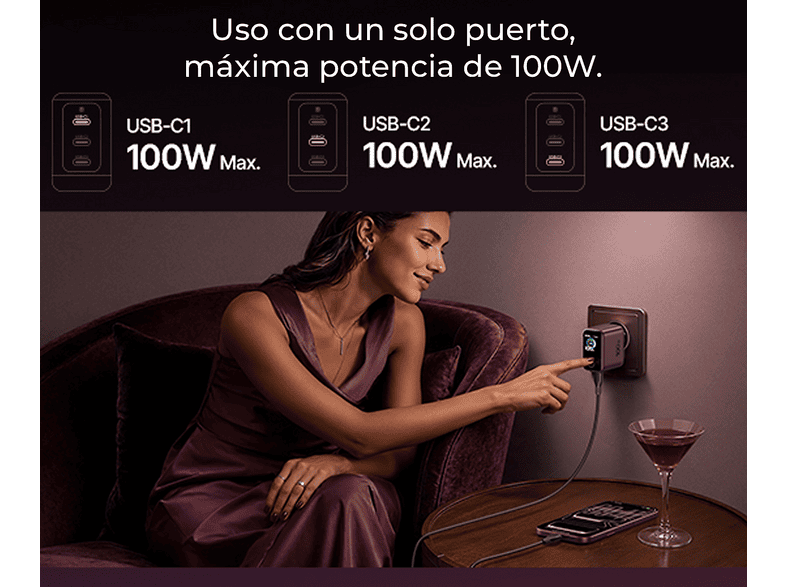 Cargador de pared - Baseus PicoGo AH22, 100W, USB-C, Carga ultrarrápida simultánea, Triple puerto, Pantalla inteligente, Con cable 1m, Dark Cherry – imagen 3