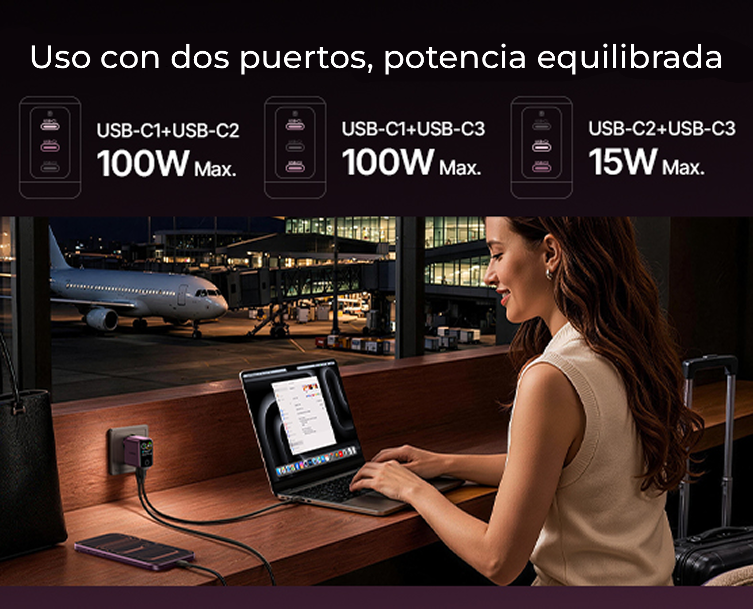 Cargador de pared - Baseus PicoGo AH22,  100W, USB-C, Carga ultrarrápida simultánea, Triple puerto, Pantalla inteligente, Con cable 1m, Dark Cherry