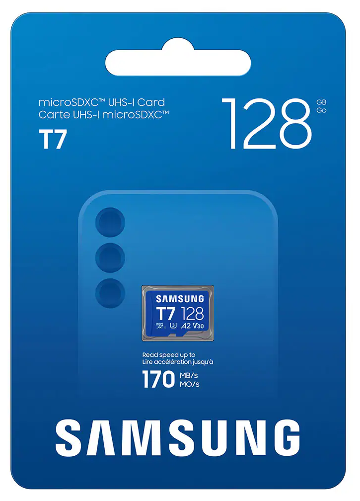 Kék Samsung 128 GB-os microSDXC memóriakártya csomagolásban, 170 MB/s olvasási sebességgel.