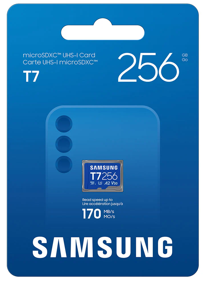 Kék csomagolású Samsung microSDXC T7 256GB memóriakártya 170 MB/s olvasási sebességgel.