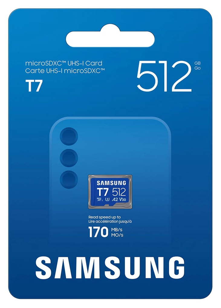 Kék Samsung T7 512 GB-os microSD kártya csomagolás fehér szöveggel és grafikával.
