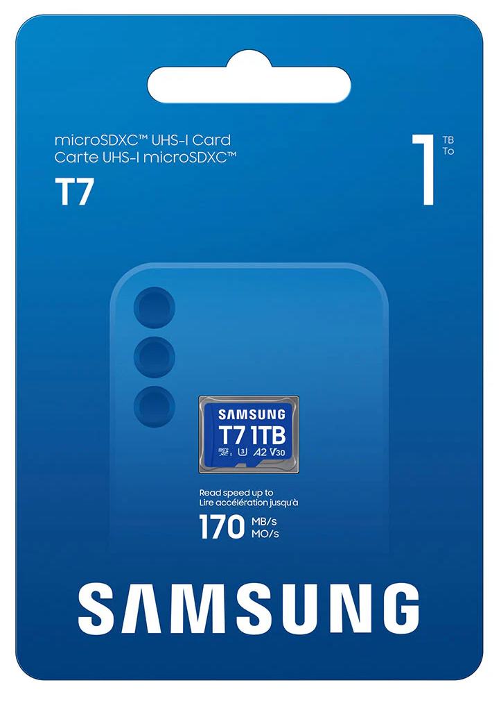 Kék Samsung T7 1TB microSD kártya a csomagolásában fehér felirattal.