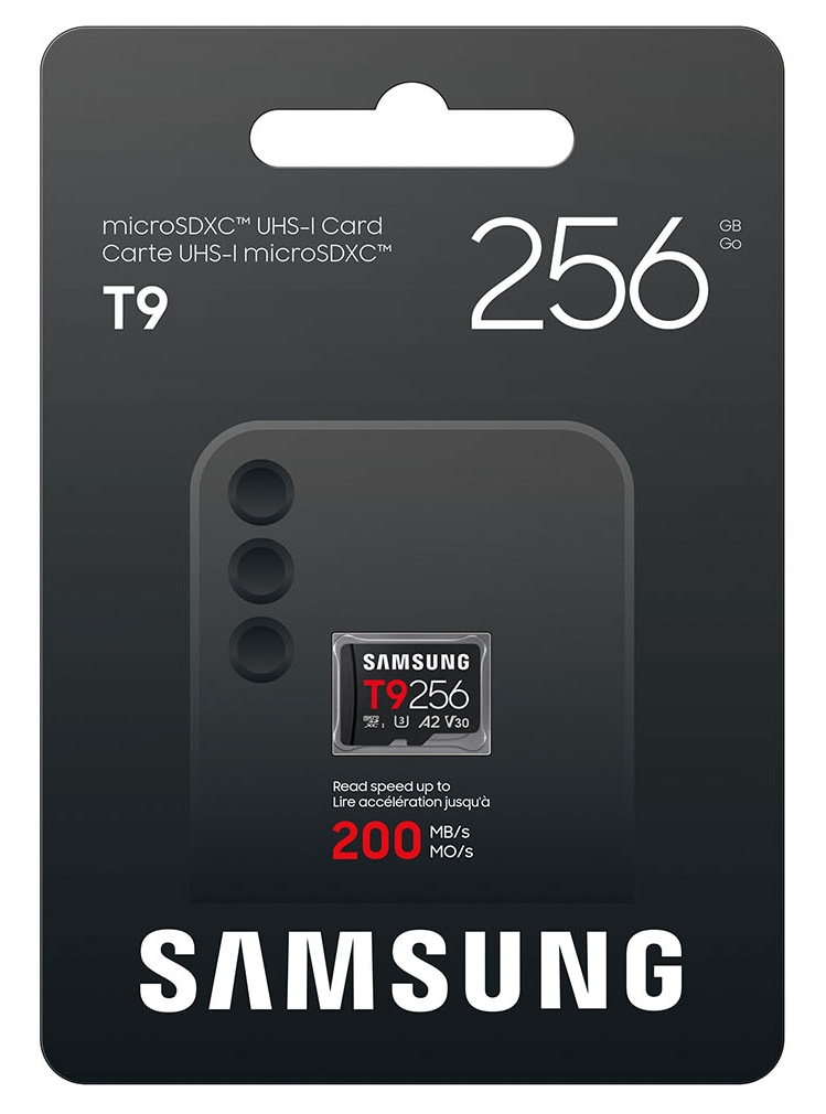 Samsung T9 256 GB-os microSDXC memóriakártya az eredeti csomagolásában, sebességi adatokkal.