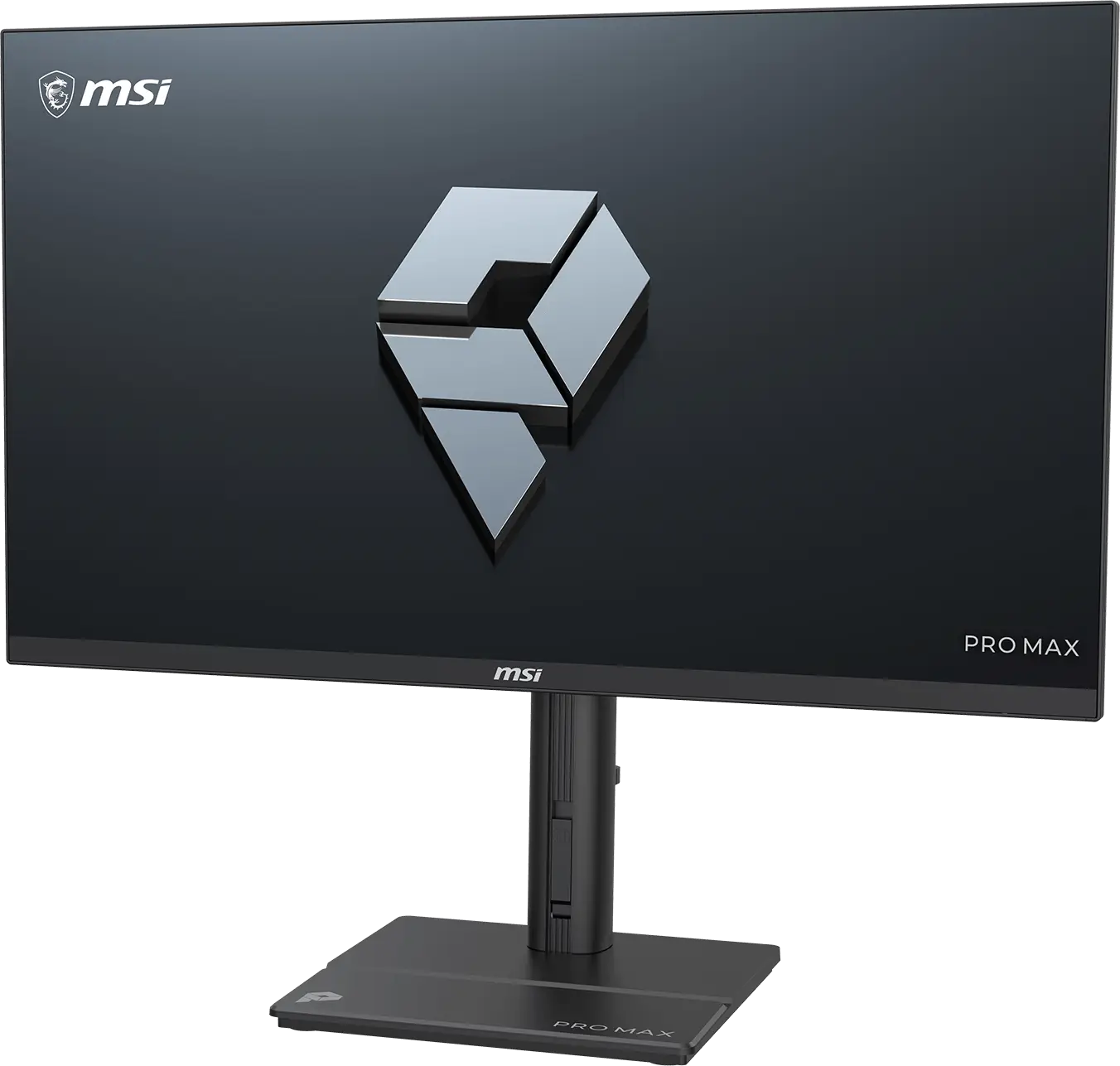 MSI Pro Max monitor fekete képernyővel és egy középső 3D logóval.