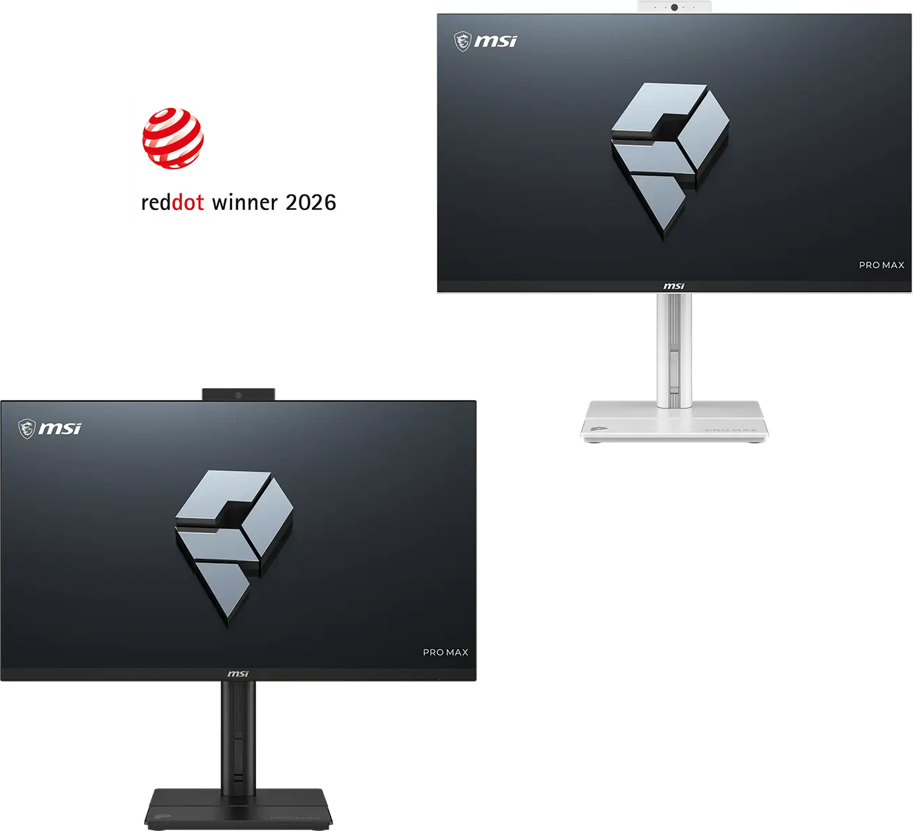 Két MSI PRO MAX monitor fekete és fehér színben, a Red Dot Award 2026 logóval.