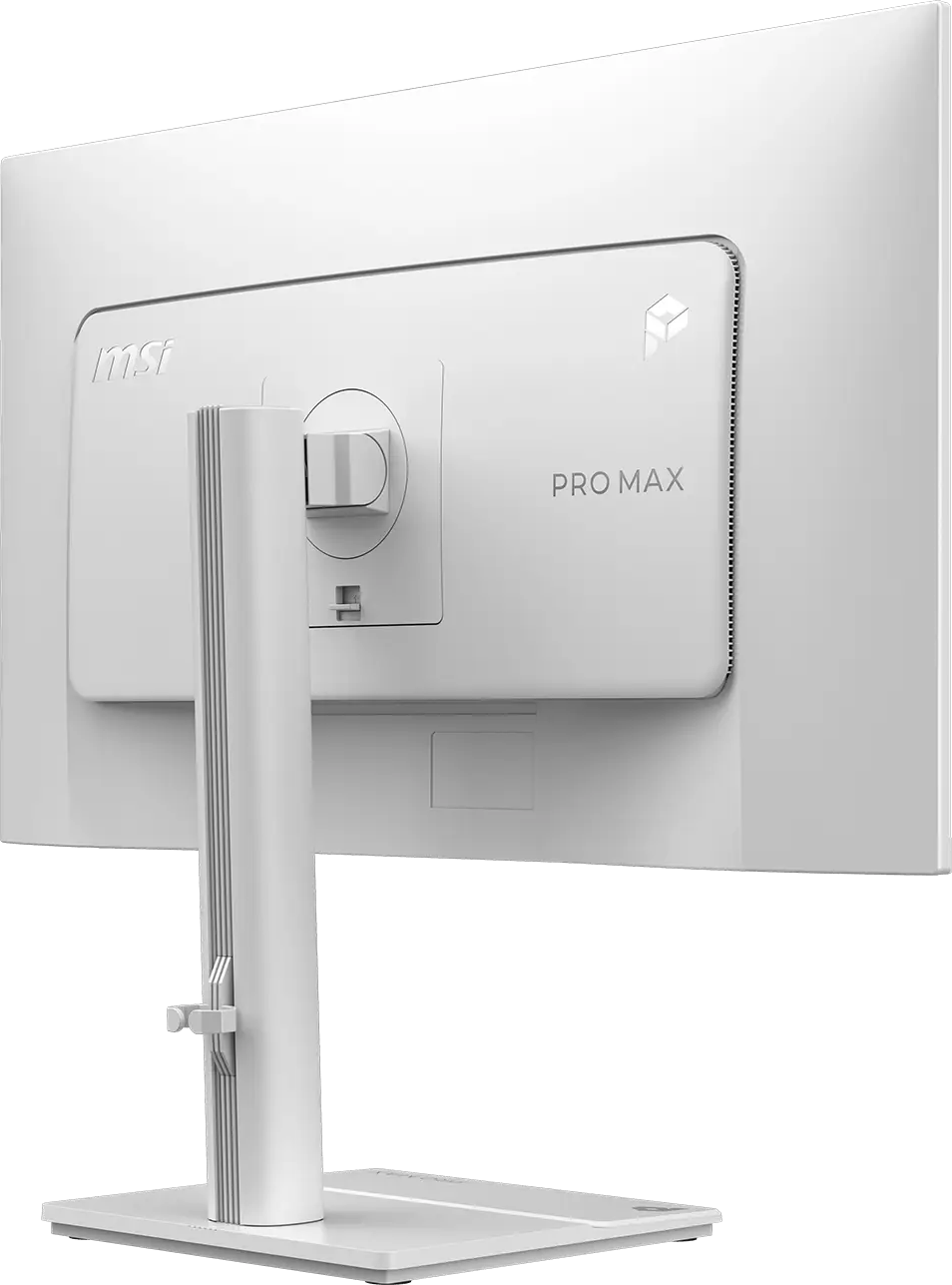 Egy fehér MSI PRO MAX monitor hátulnézete állványon, fekete háttér előtt.