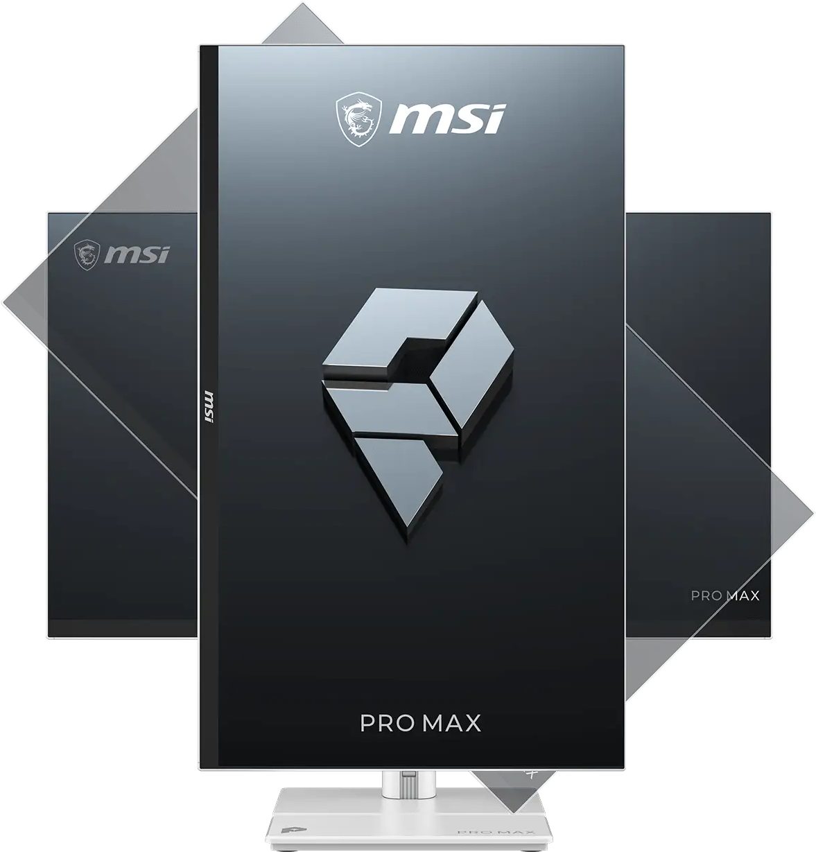Három MSI Pro Max monitor átfedésben fekete háttér előtt, a középső képernyőn egy ezüst 3D logó látható.