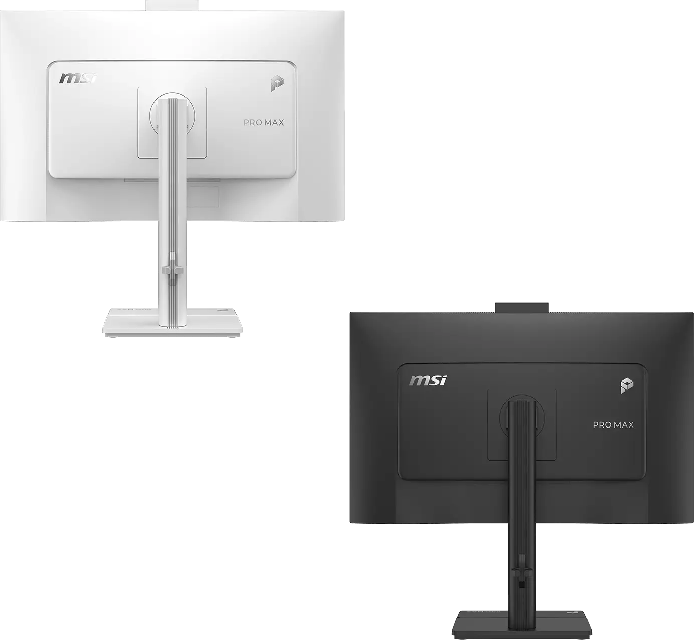 Két MSI Pro Max monitor hátulnézete, egy fehér a bal felső és egy fekete a jobb alsó sarokban, fekete háttér előtt.