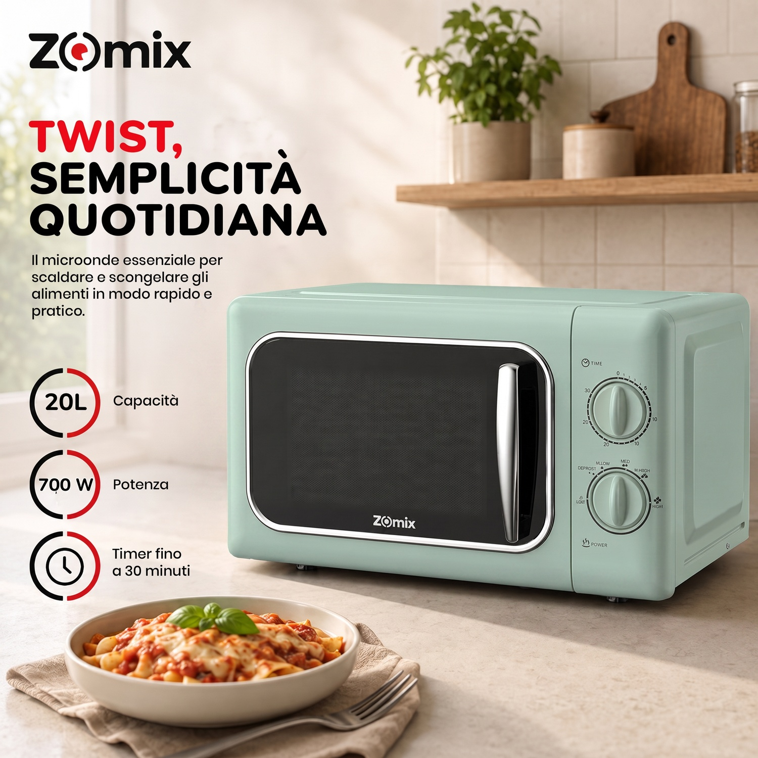 MICROONDE ZOMIX TWIST, capacità 20 l, potenza microonde max 700 W, 6 livelli di potenza, Verde Acqua / Metallo