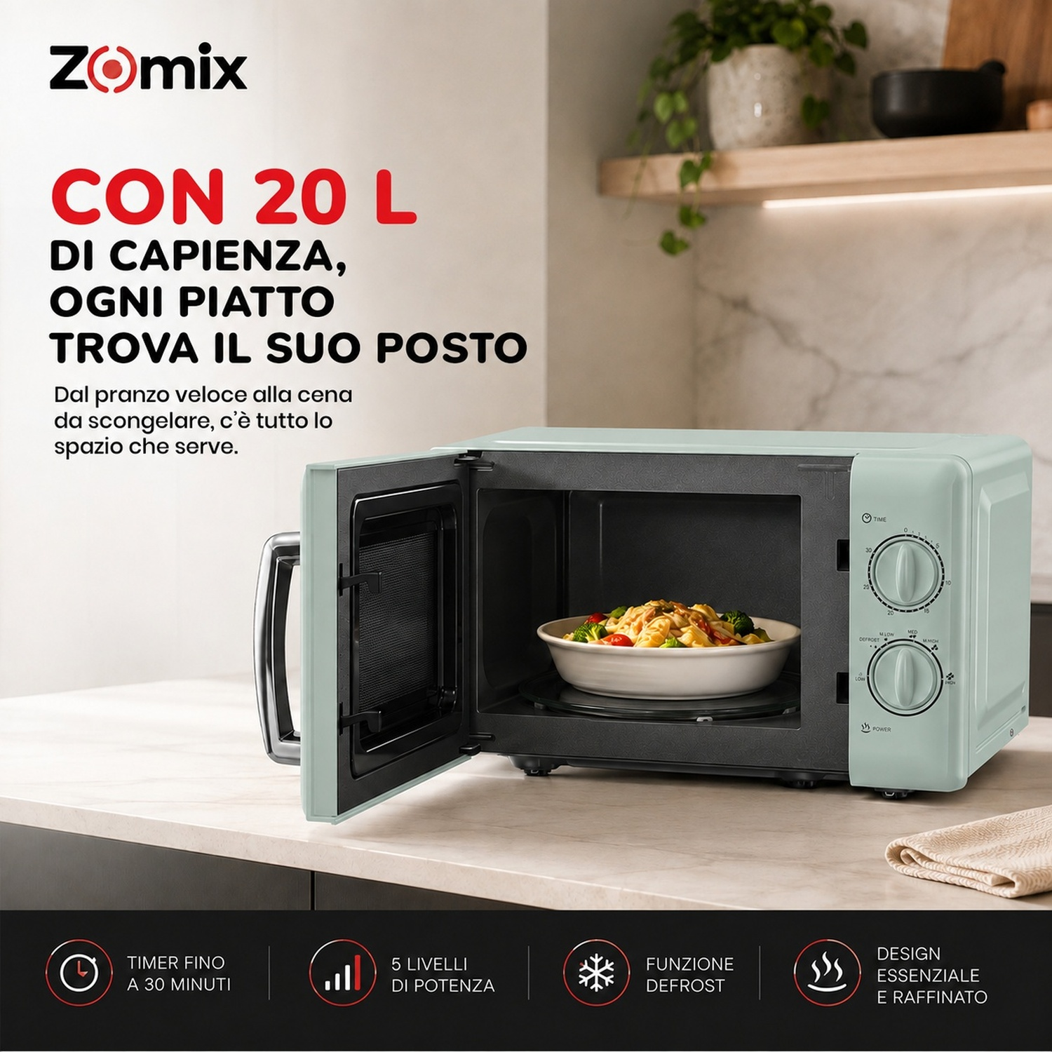 MICROONDE ZOMIX TWIST, capacità 20 l, potenza microonde max 700 W, 6 livelli di potenza, Verde Acqua / Metallo