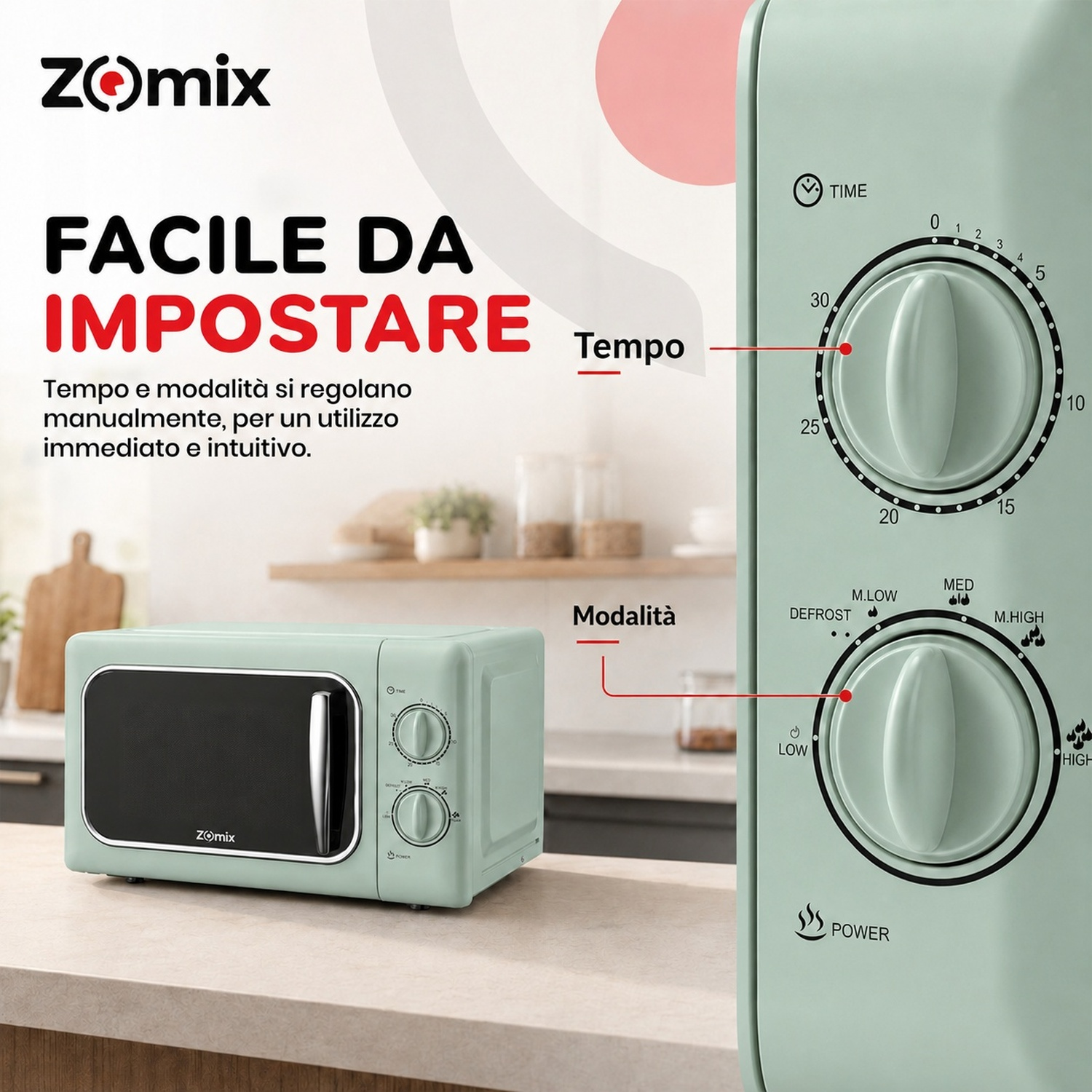 MICROONDE ZOMIX TWIST, capacità 20 l, potenza microonde max 700 W, 6 livelli di potenza, Verde Acqua / Metallo