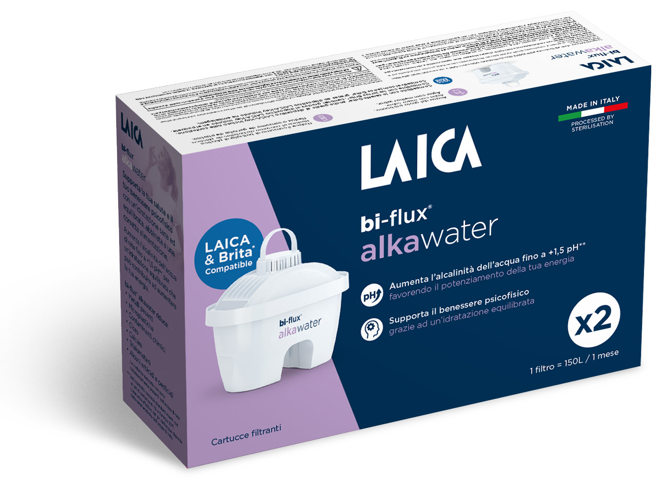 Laica bi-flux alkawater vízszűrő doboz szűrőbetét képével.