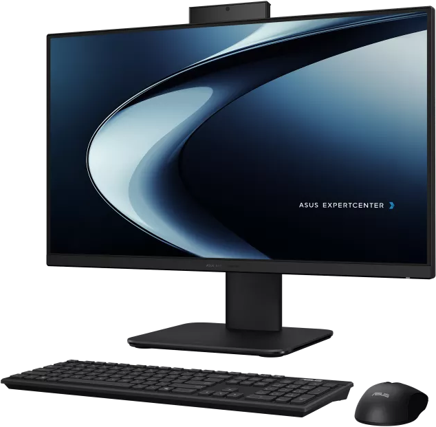 Egy ASUS minden egyben PC fekete monitorral, billentyűzettel és egérrel fekete háttér előtt.