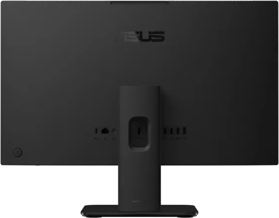 Egy fekete ASUS monitor hátulnézete különféle csatlakozókkal, állvánnyal és a márka logójával.