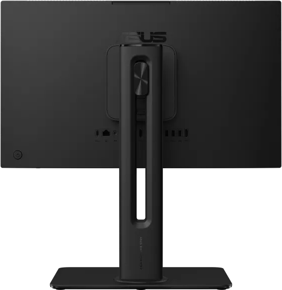 Egy fekete ASUS monitor hátoldala, amelyen egy masszív állvány és különféle csatlakozók láthatók.