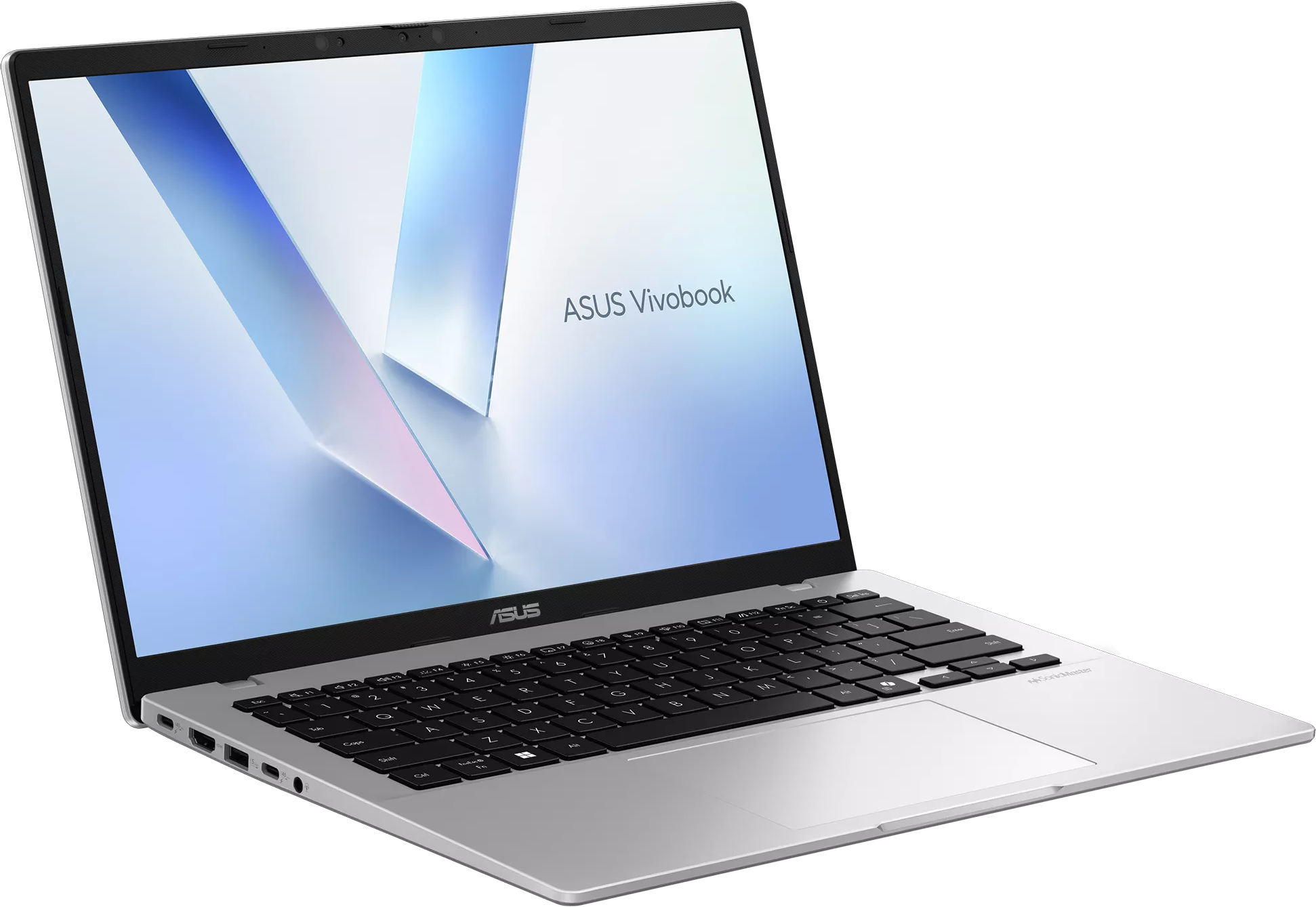 Egy ezüstszínű ASUS Vivobook laptop fekete háttérrel és kék képernyővel.