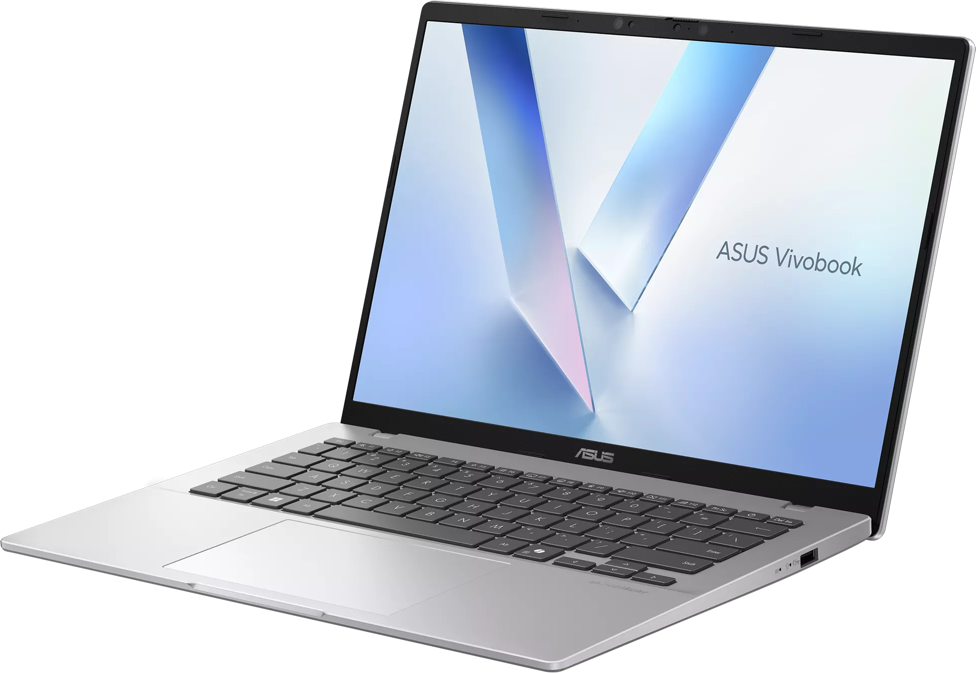 Egy ezüstszínű ASUS Vivobook laptop világos kijelzővel, fekete háttér előtt.