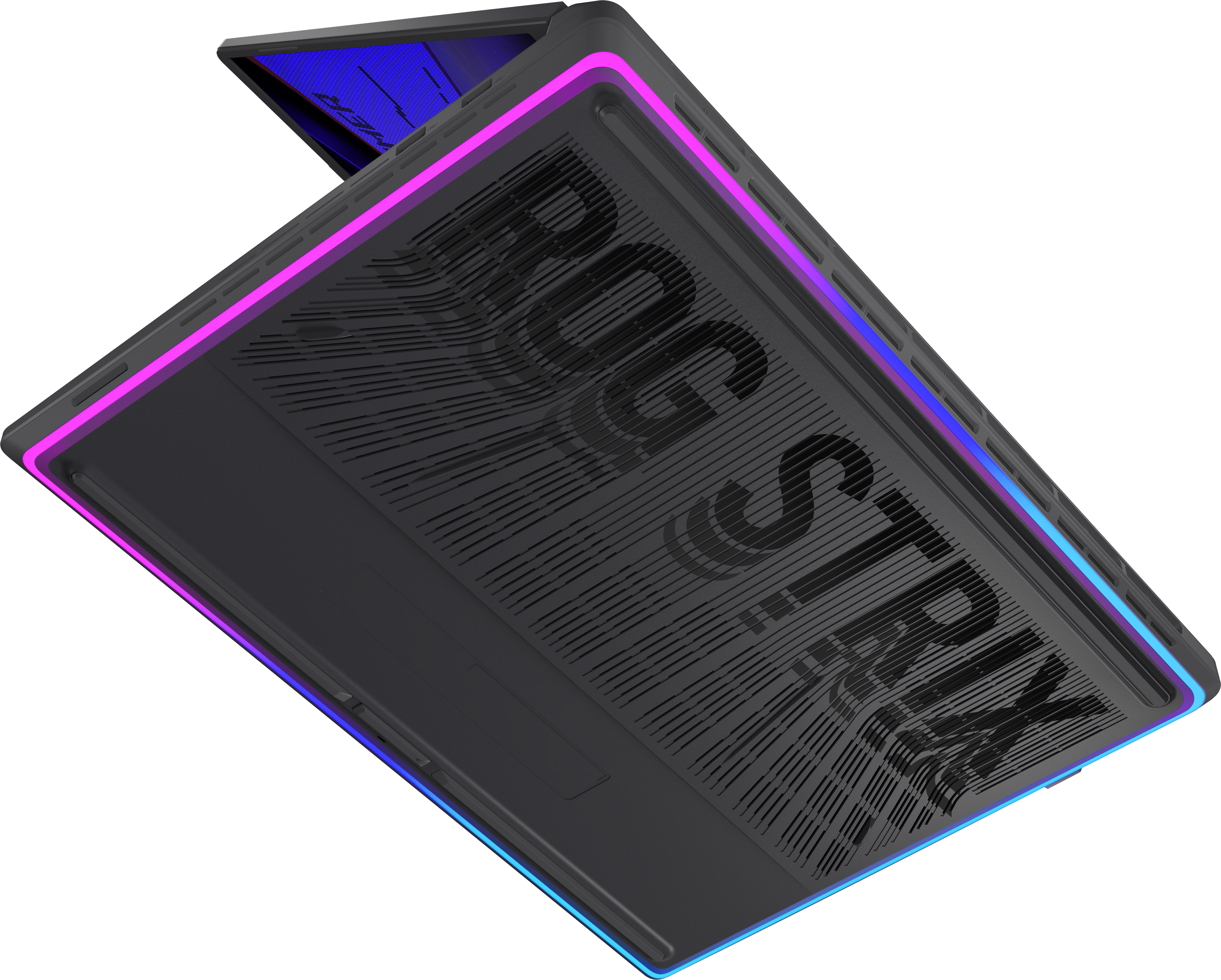 Egy fekete ROG Strix gamer laptop élénk rózsaszín és kék RGB világítással.