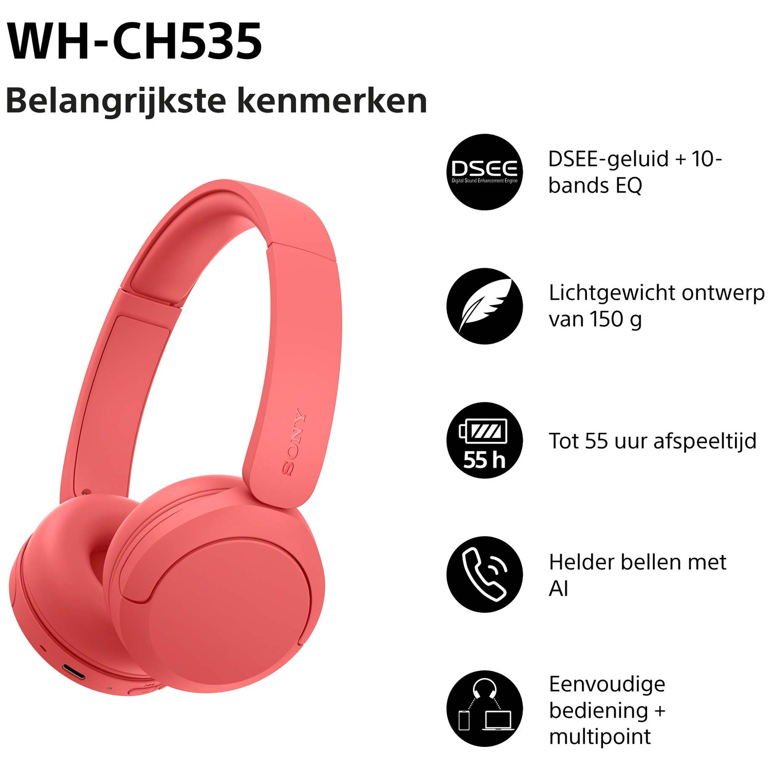 Pink Sony headphones with features like 55h battery and lightweight.