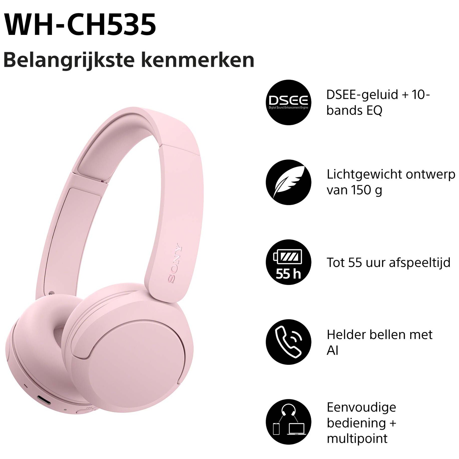 Pink Sony WH-CH535 headphones on white background with feature icons.