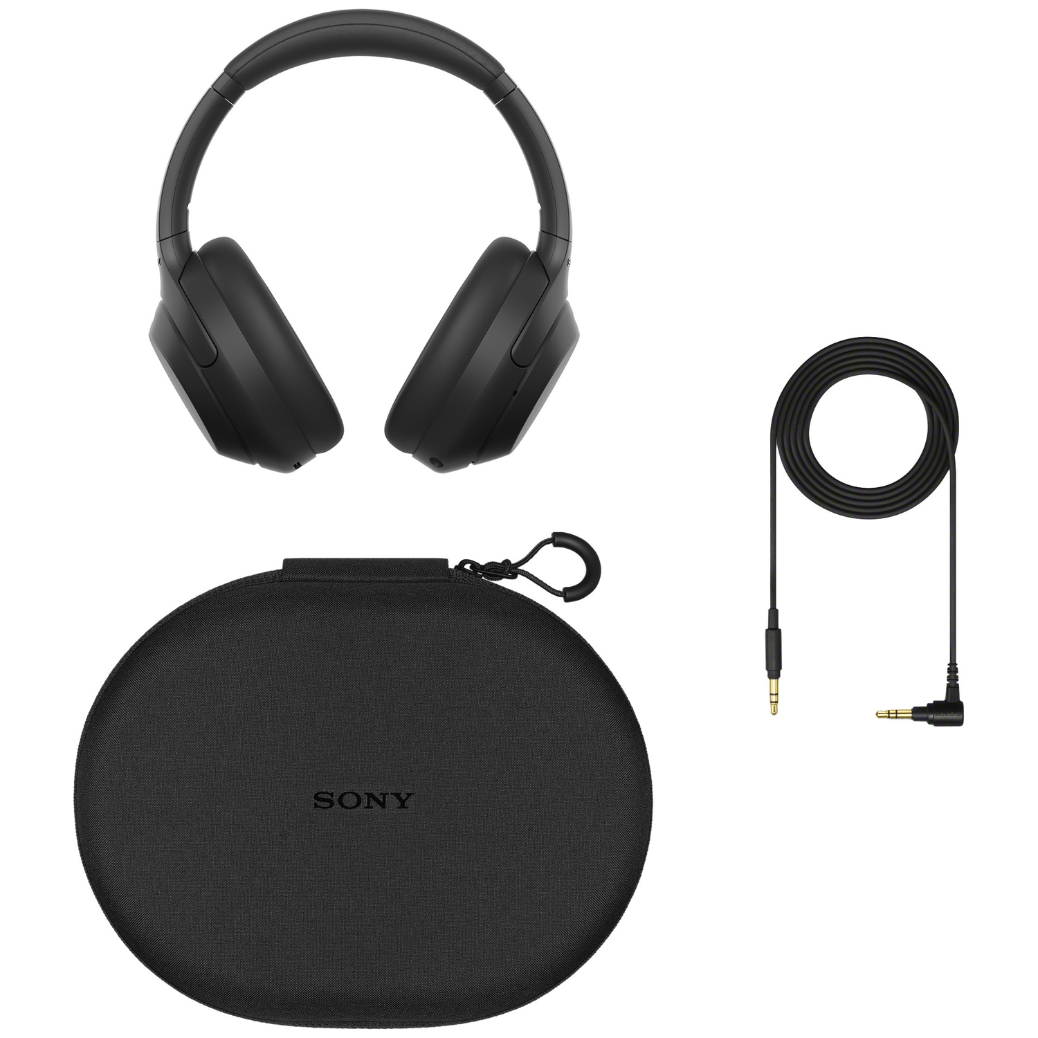 Black Sony headphones, a hard carrying case, and an audio cable on a white background.