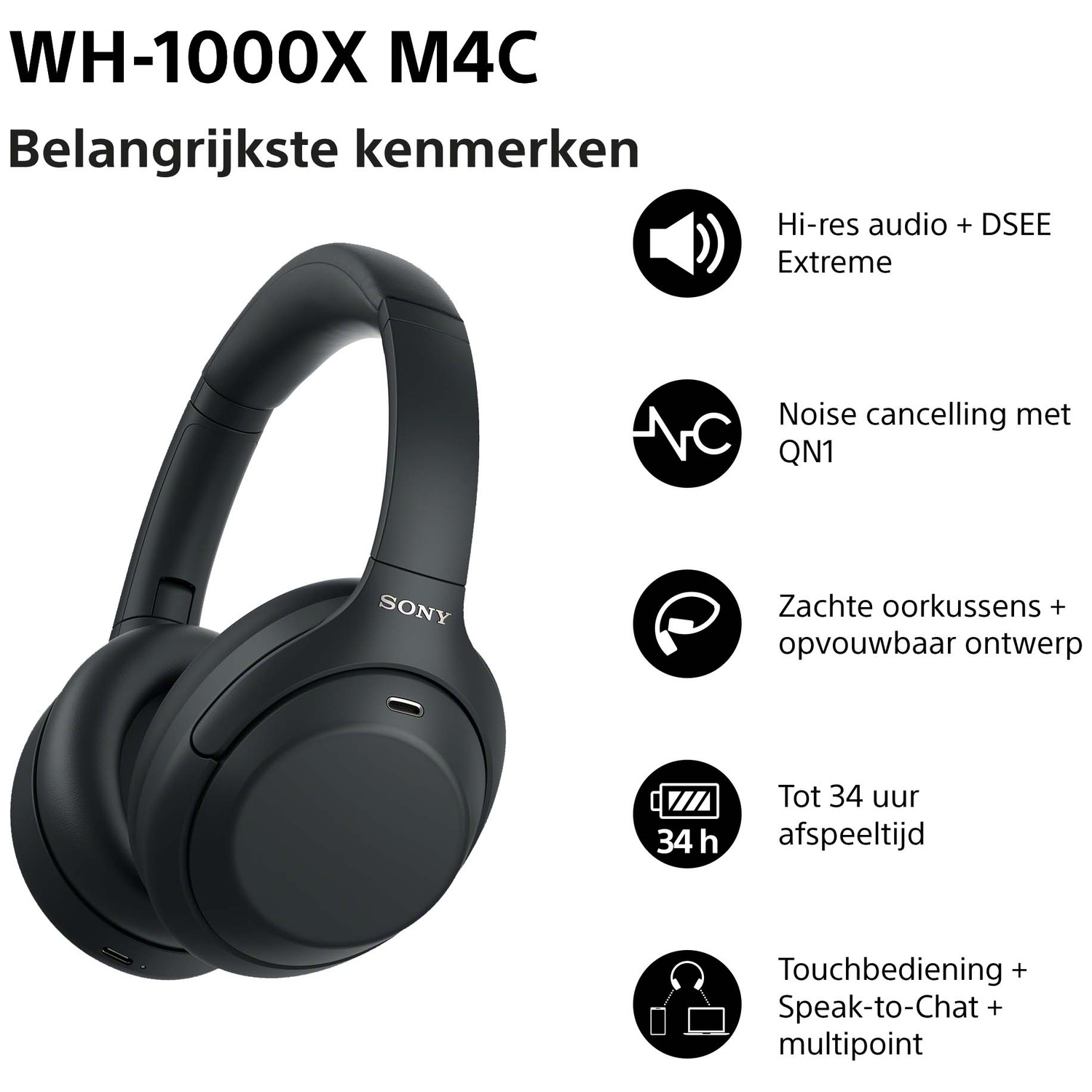 Black Sony WH-1000XM4 headphones shown with feature icons and text.