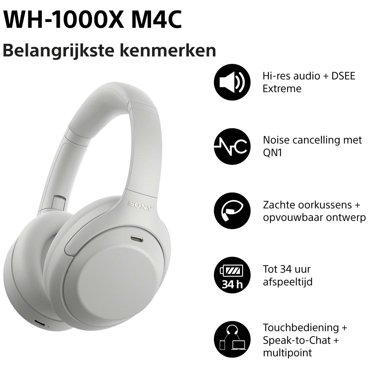 White Sony WH-1000XM4C headphones with features like noise cancelling and 34-hour battery.