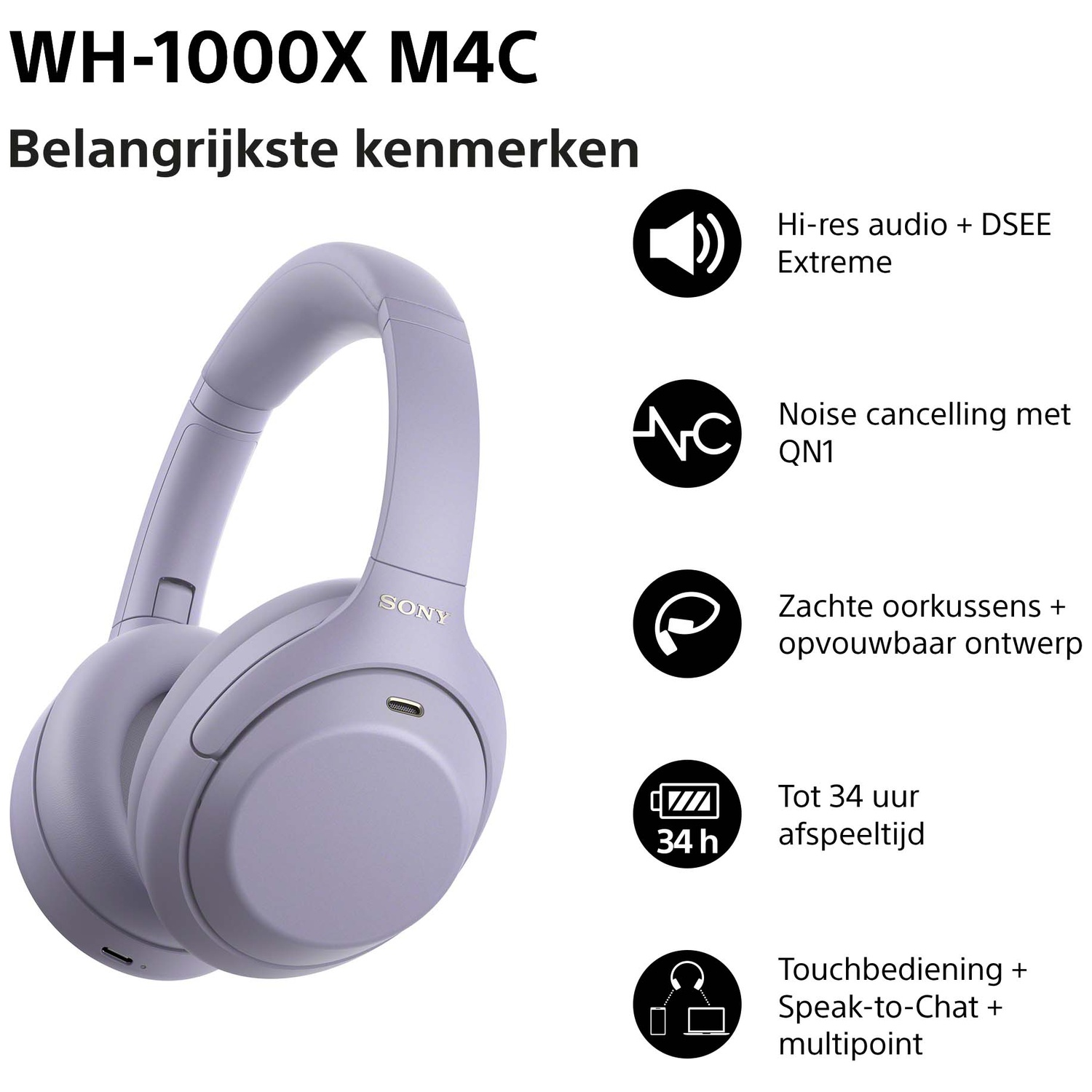 Lilac Sony WH-1000XM4 headphones with key feature icons on a white background.