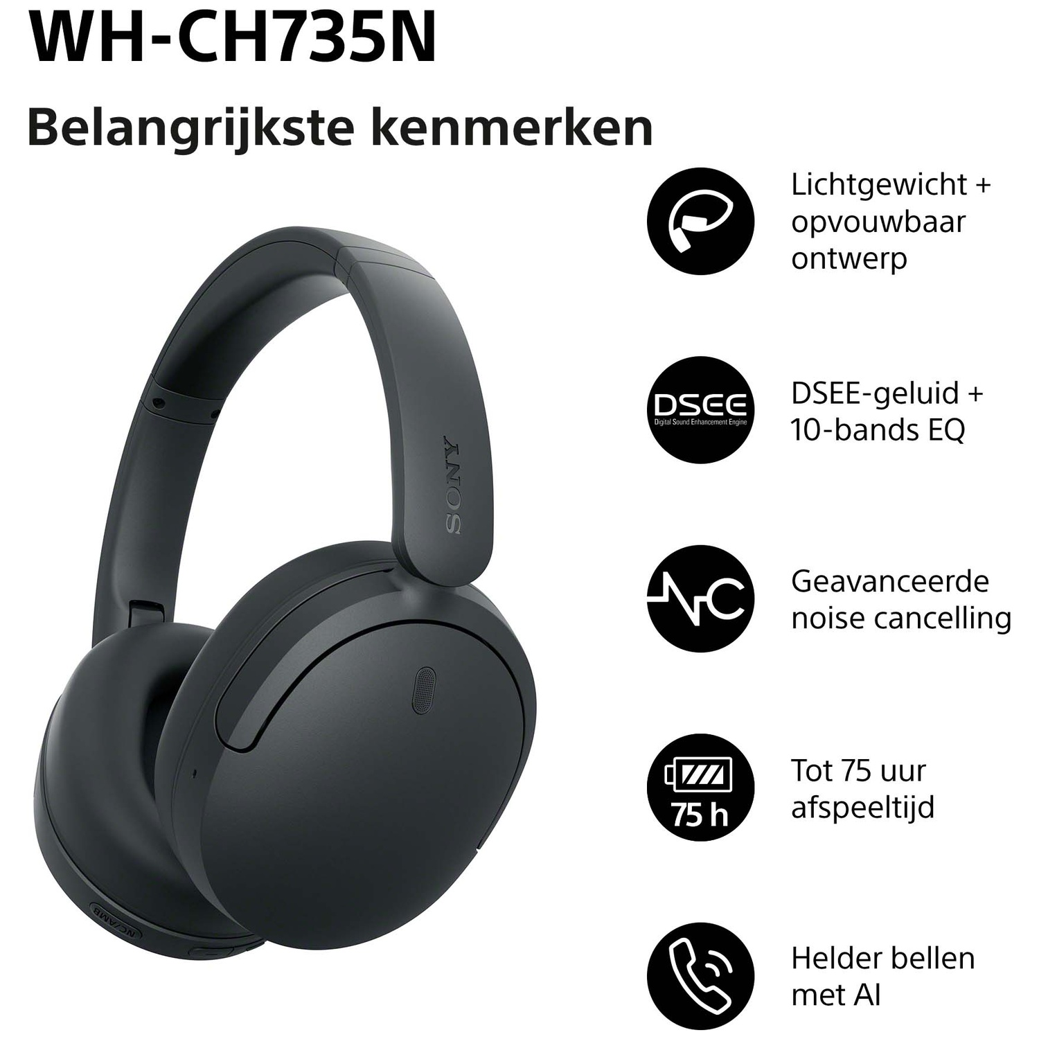 Black Sony headphones with features like noise cancellation and long battery life.