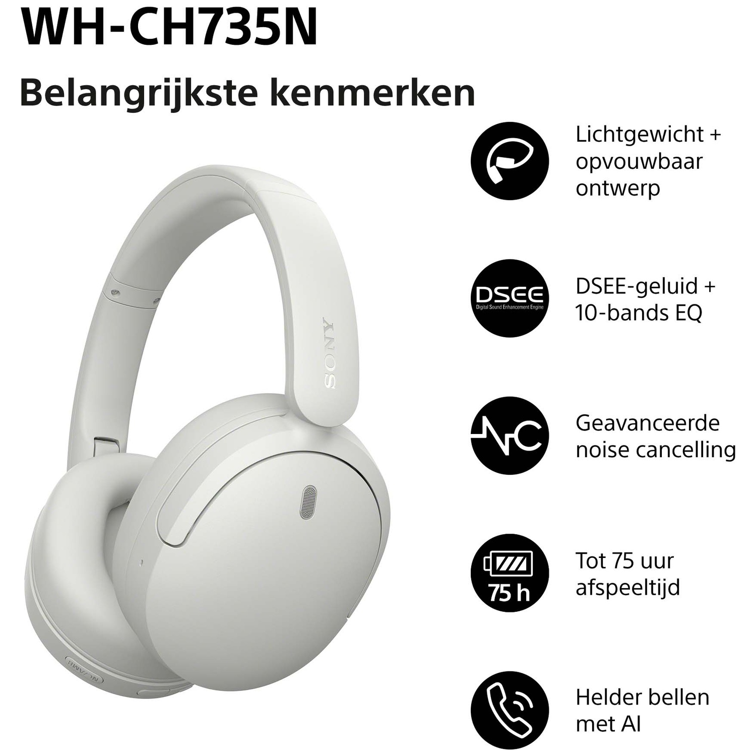 White Sony over-ear headphones with five circular feature infographics on a white background.