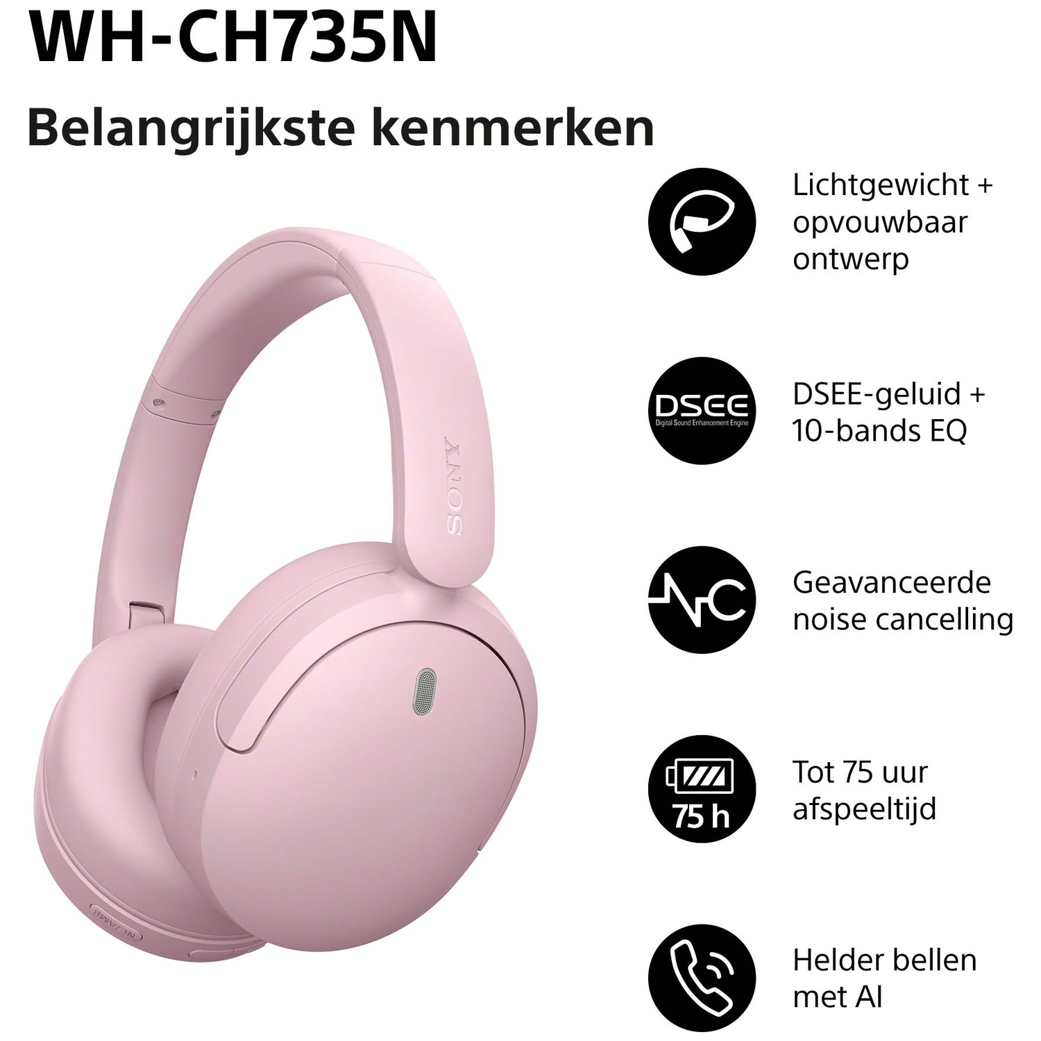 Pink Sony headphones with features like noise canceling and long battery life.
