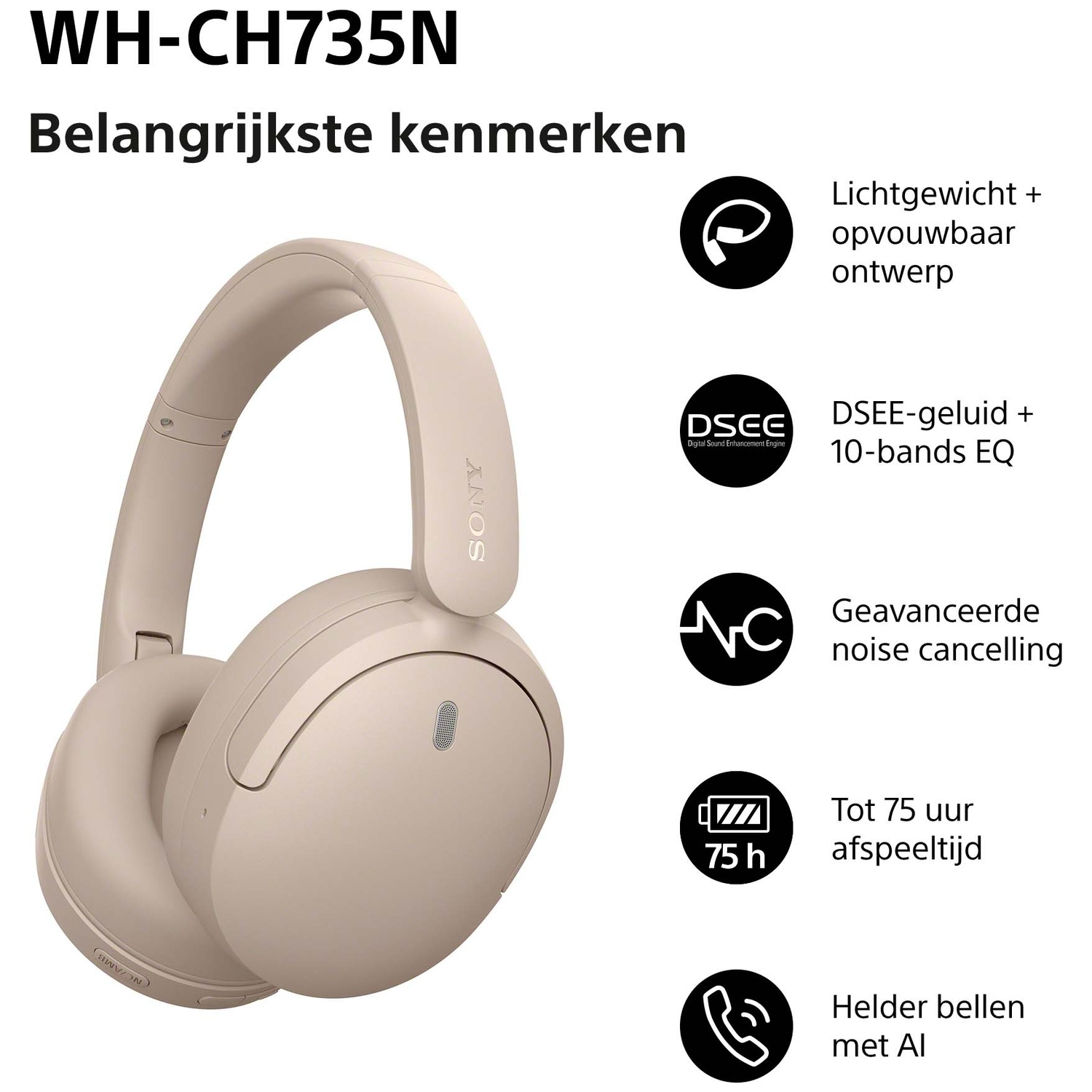 Beige Sony wireless headphones with features listed on the right in Dutch.