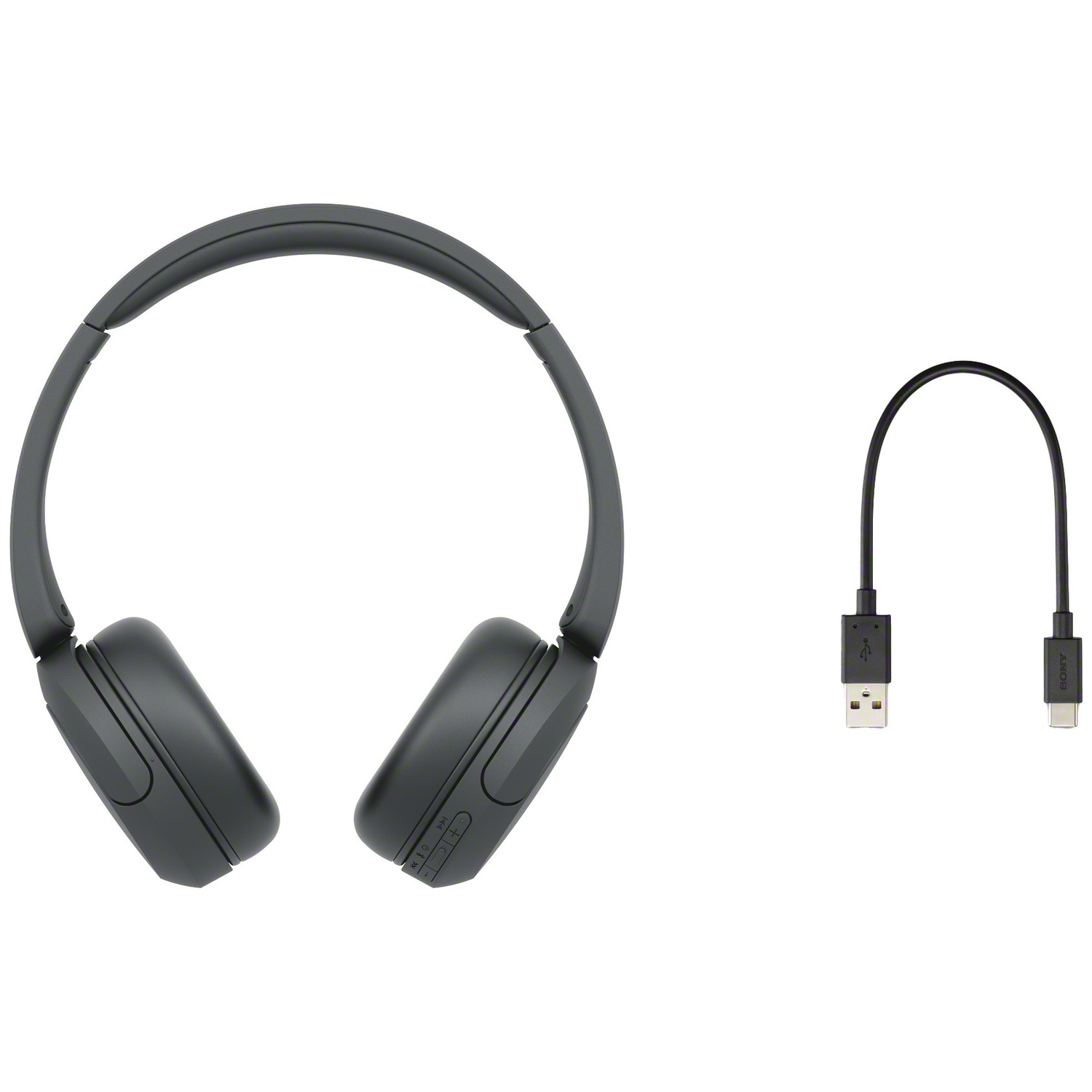 Dark grey over-ear headphones with a matching USB charging cable on a white background.