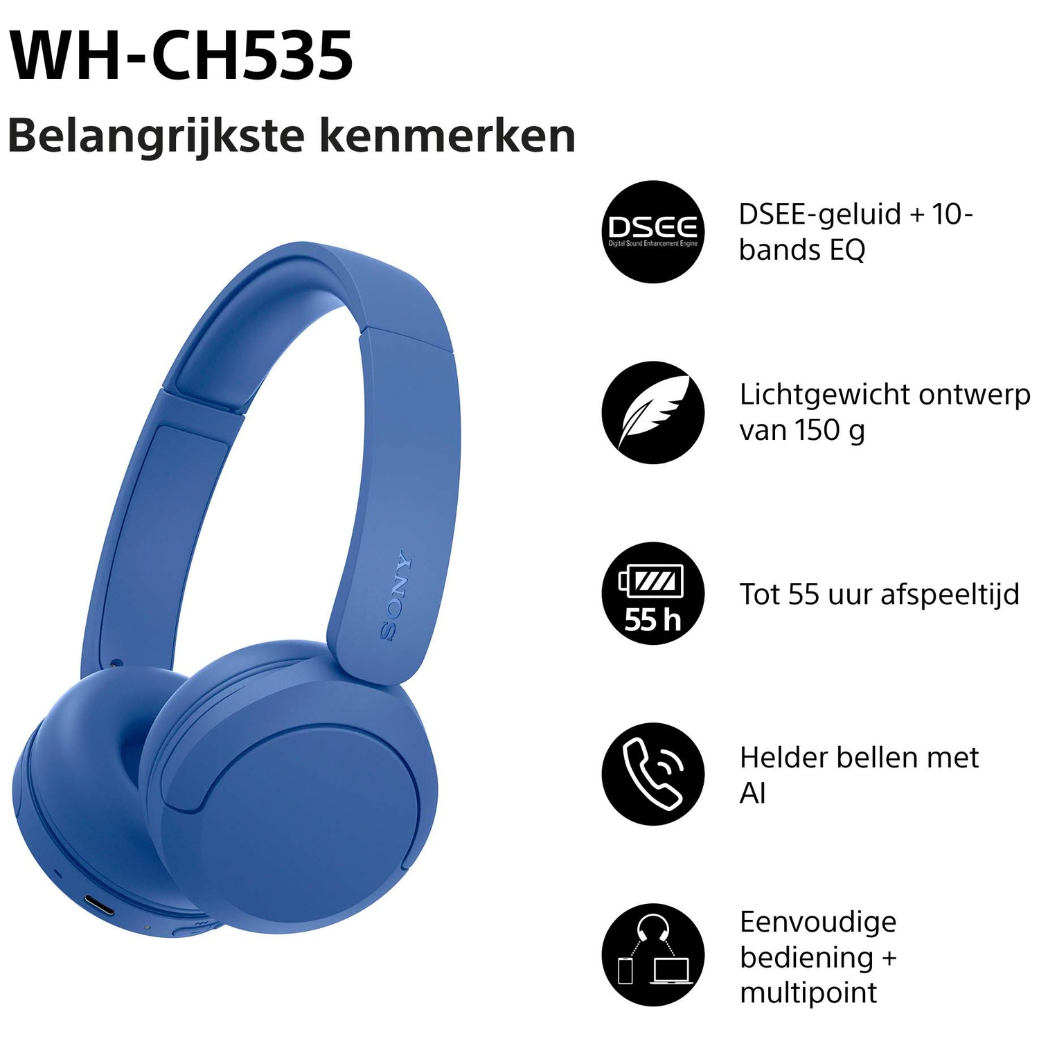 Blue Sony WH-CH535 headphones with feature icons for battery life and weight on the right.