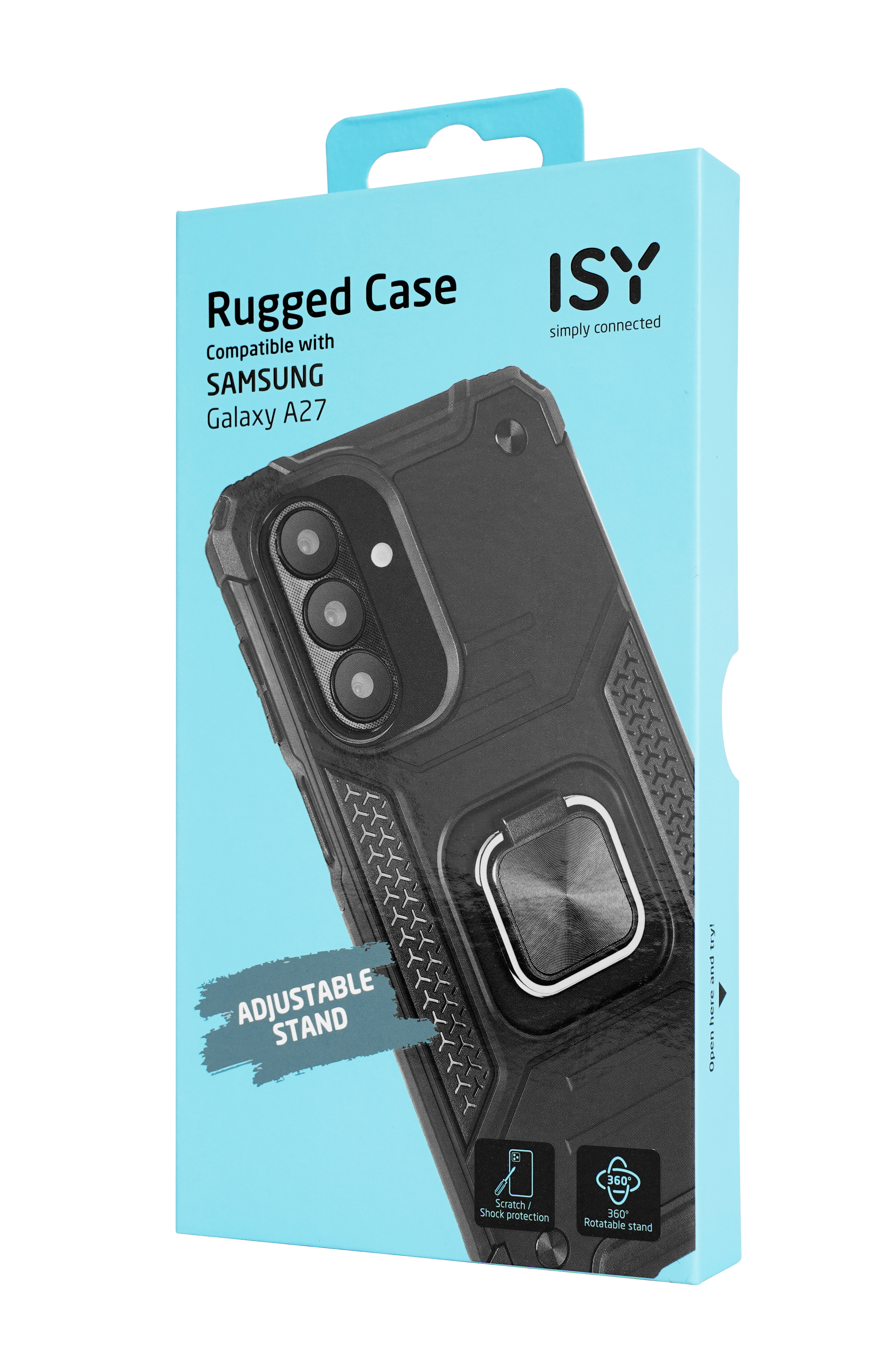 Hellblaue Produktverpackung für eine ISY robuste schwarze Handyhülle mit verstellbarem Ständer.